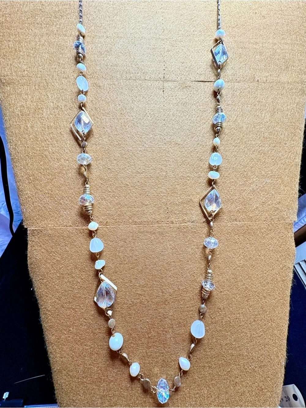 Vintage Elegant Gold-Tone Beaded Long Necklace with Clear and Cream Accents